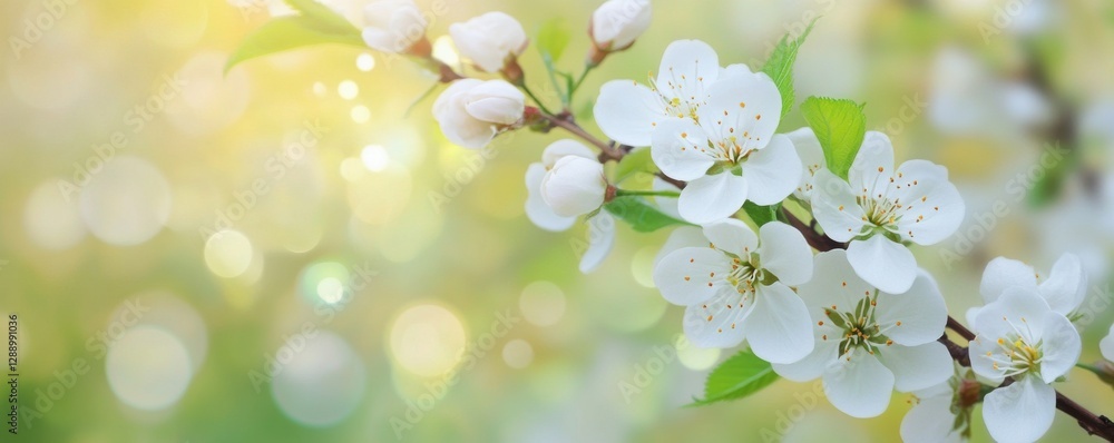 Spring background with white flowers on a blurred green spring nature scene, a blooming tree branch with delicate blossoms, a bokeh effect. A banner design. Springtime concept. Spring background with white flowers on a blurred green spring nature scene, a blooming tree branch with delicate blossoms, a bokeh effect. A banner design. Springtime concept.