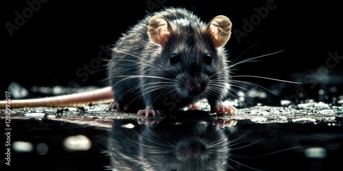 A black rat sitting on the ground