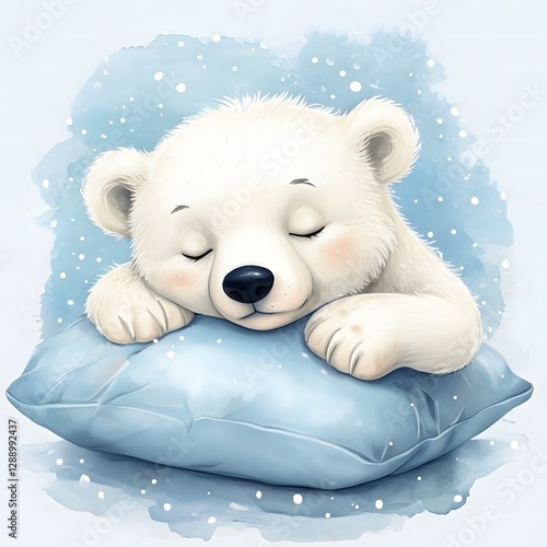 Cute polar bear cub sleeping on a pillow watercolor illustration	