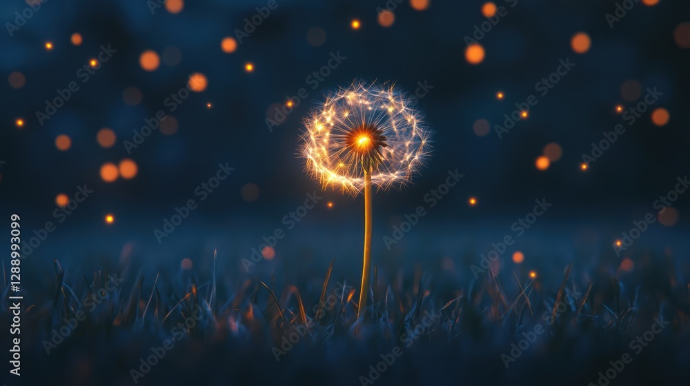 Obraz premium Glowing dandelion at night, magical bokeh background; hope, peace concept