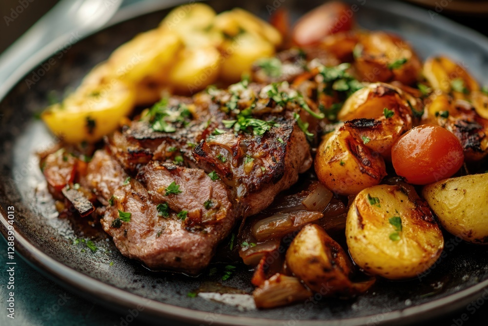 A plate of comfort food featuring potatoes and meat, ideal for use in scenes about home cooking or meals A plate of comfort food featuring potatoes and meat, ideal for use in scenes about home cooking or meals