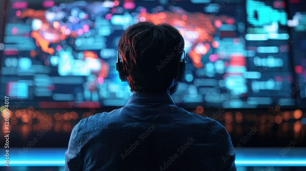 Virtual classroom online learning live streaming concept, Man with headphones monitors data on large screens in control room Virtual classroom online learning live streaming concept, Man with headphones monitors data on large screens in control room