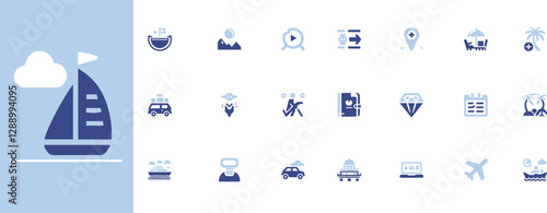 Travel and tourism vector icons for adventure, vacation, landmarks and transportation. Perfect for web, branding and prints
