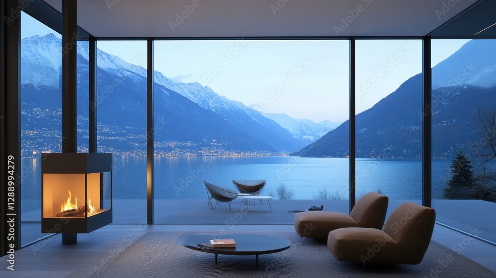 Fototapeta premium Cozy modern living room with fireplace and winter lake view