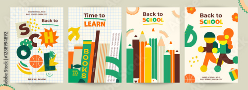 Vector illustration. Back to school. Set of templates with school supplies, pencils, books, children hurry to school. Perfect for social media advertising, print, flyers, postcards and more