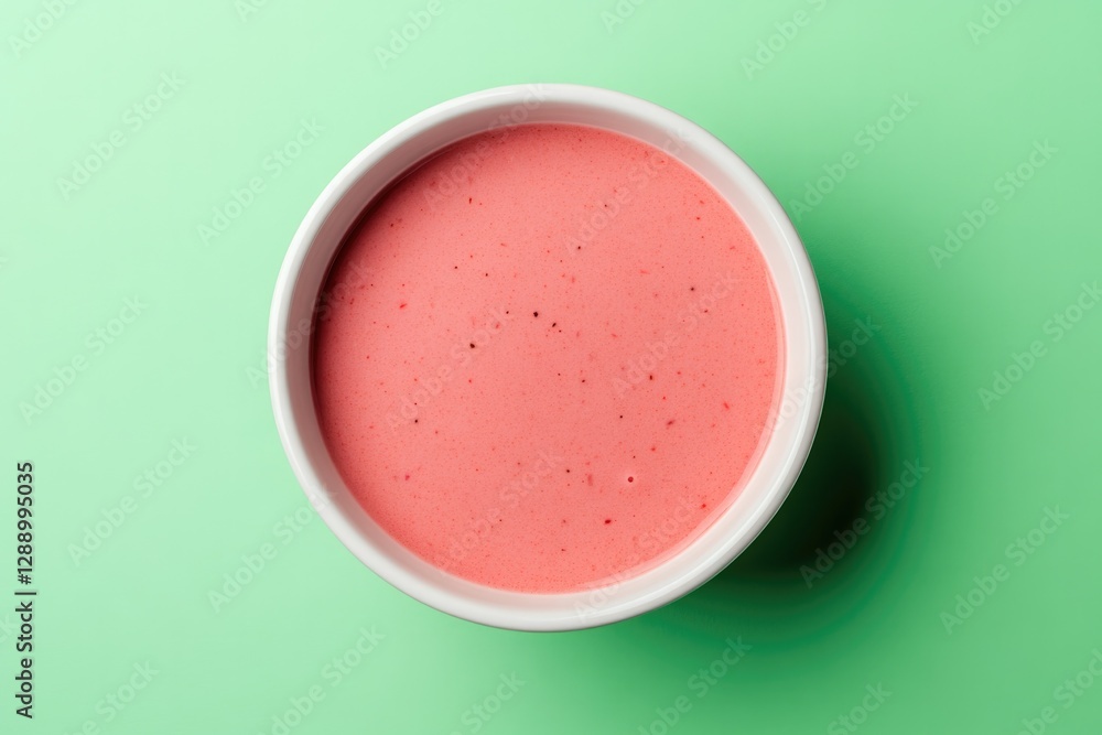 Creamy pink smoothie in white bowl, set against vibrant green ba Creamy pink smoothie in white bowl, set against vibrant green ba