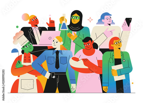 A diverse group of women representing different professions and lifestyles, including a mother, chef, police officer, businesswoman, doctor, scientist, and blogger. A colorful vector illustration