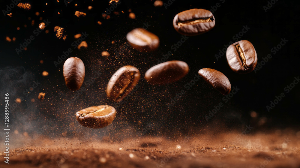 Dynamic coffee beans floating against dark backdrop for culinary design Dynamic coffee beans floating against dark backdrop for culinary design