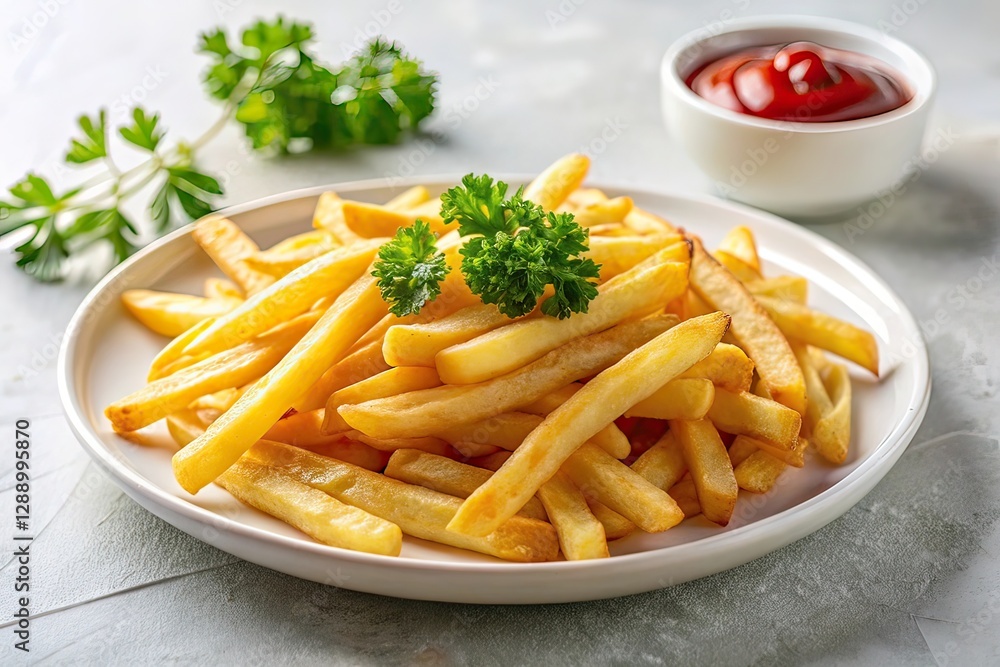 Golden French Fries with Parsley Garnish and Ketchup Golden French Fries with Parsley Garnish and Ketchup