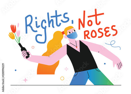 A woman throws a Molotov cocktail, but instead of fire, flowers. "Rights, Not Flowers" message. A striking vector illustration on a white background, ideal for feminist activism.