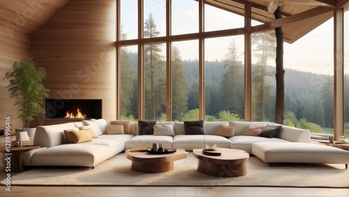 A modern living room with large floor-to-ceiling glass windows