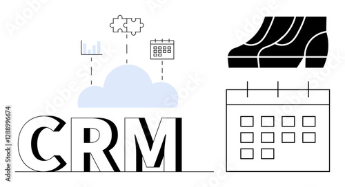 CRM acronym with graphical elements representing cloud storage, data analytics, calendar events, and collaboration tools. Ideal for business process improvement, team collaboration, customer relation