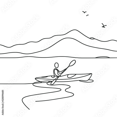 River kayaking adventure with solo paddler gliding on calm waters against a scenic mountain backdrop, perfect for outdoor blogs and nature-themed designs.