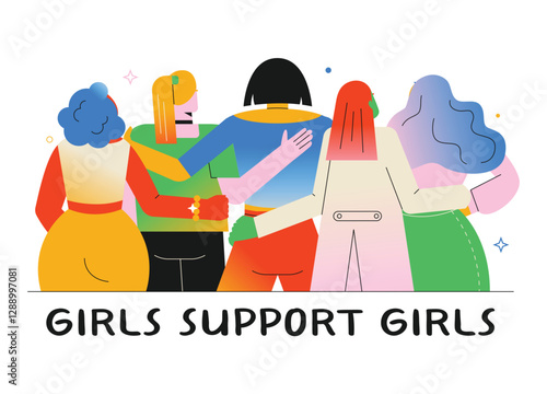 The group of women embracing, but from a back view, with the text "Girls Support Girls". A vector illustration on a white background, perfect for feminist movements and digital content.