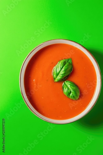 Vibrant red soup topped with fresh basil leaves on lively green