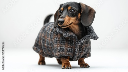 Adorable Dachshund in Grey Winter Coat Against White Background