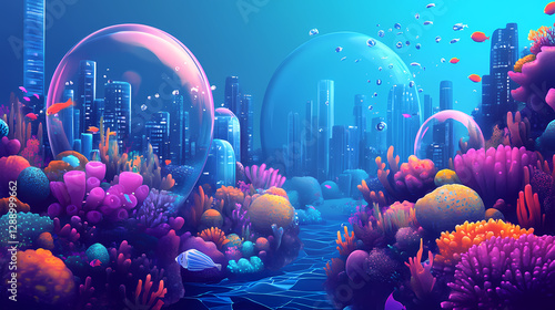 Fototapeta Naklejka Na Ścianę i Meble -  Underwater city nestled in a vibrant coral reef ecosystem, with luminous glass domes. Glass City Underwater. Illustration