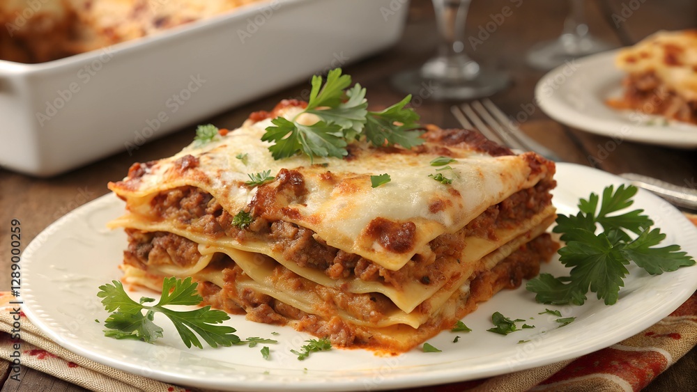 Lasagna Dish Italian, Baked, Layers, Cheese, Meat, Plate Lasagna Dish Italian, Baked, Layers, Cheese, Meat, Plate