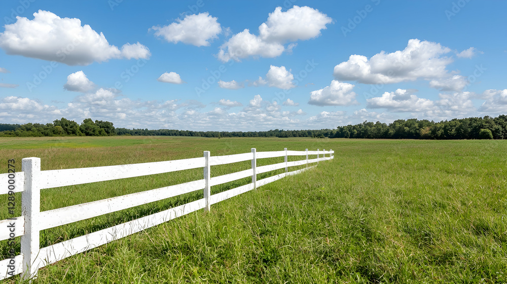 White fence in green field, sunny sky, idyllic rural landscape, perfect for real estate White fence in green field, sunny sky, idyllic rural landscape, perfect for real estate