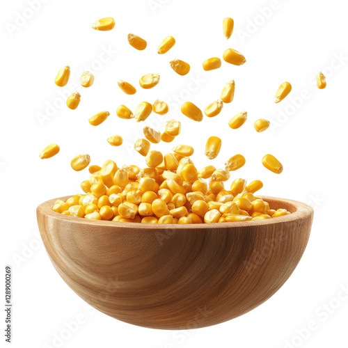 corn kernels in wooden bawl on transparent background