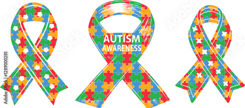 Print Isolated puzzle vector Ribbon background for world autism awareness day, heart, ribbon icon design template set. World autism day colorful love frame design bundle