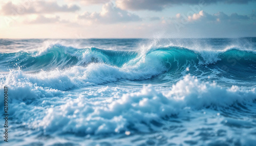 Ocean sea deep blue water with waves crashing and clouds on the horizon