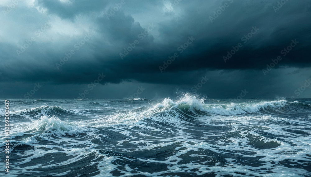 Fototapeta premium Ocean sea during a storm with deep blue rough water with choppy waves crashing and ominous dark clouds on the horizon