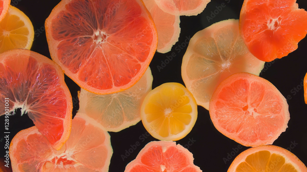 Vibrant floating citrus slices on dark background for fresh summer design Vibrant floating citrus slices on dark background for fresh summer design