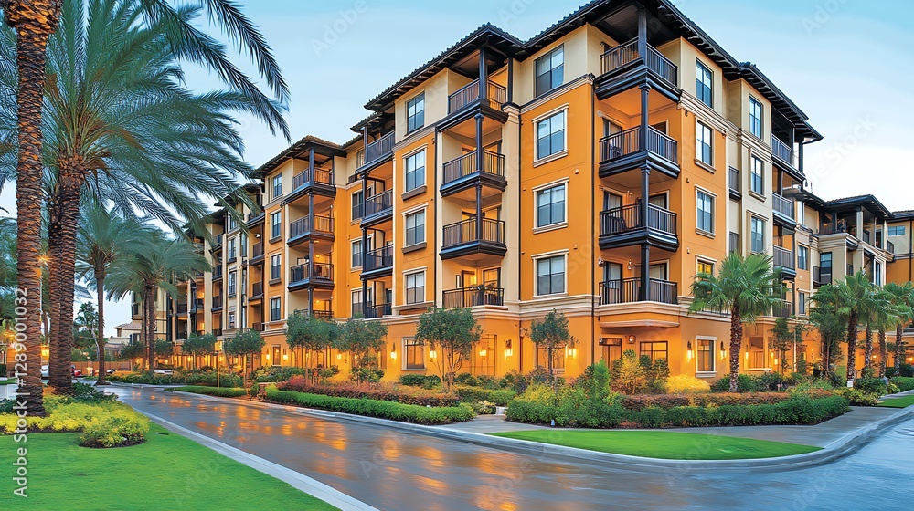 Fototapeta premium Luxury apartments, sunset, palm trees, wet road