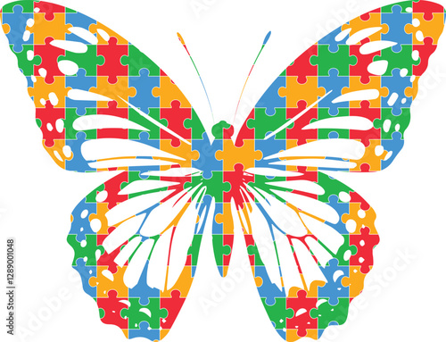 Isolated puzzle vector Butterfly background for world autism awareness day, heart, ribbon icon design template set. World autism day colorful love frame design bundle