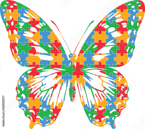 Isolated puzzle vector Butterfly background for world autism awareness day, heart, ribbon icon design template set. World autism day colorful love frame design bundle