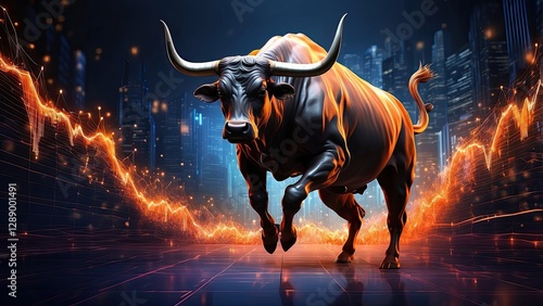 Wallpaper Mural A powerful bull with large horns is depicted mid-leap against a backdrop featuring a glowing orange upward-trending line and abstract financial charts. Torontodigital.ca