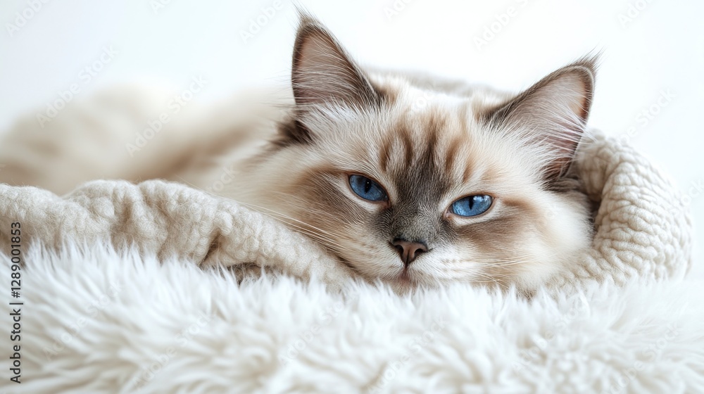 Cream Ragdoll Cat with Blue Eyes Resting on a Fluffy White Blanket Cream Ragdoll Cat with Blue Eyes Resting on a Fluffy White Blanket