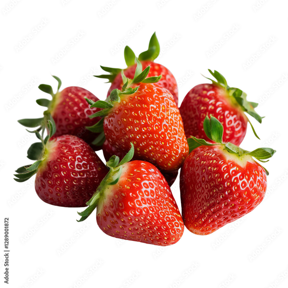 Fresh ripe strawberries with green leaves on transparent background..