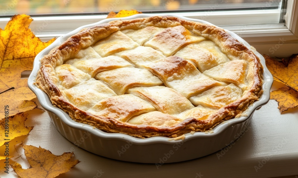 Freshly baked apple pie by window with autumn leaves Freshly baked apple pie by window with autumn leaves