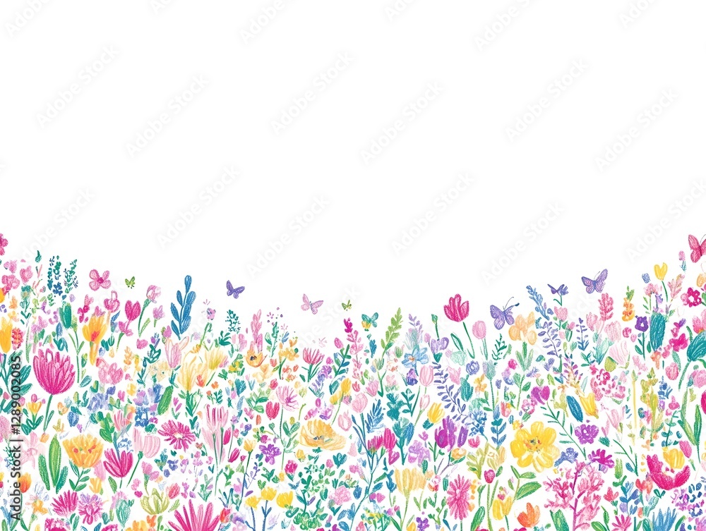 Vibrant floral illustration showcasing a diverse array of colorful flowers and butterflies Vibrant floral illustration showcasing a diverse array of colorful flowers and butterflies