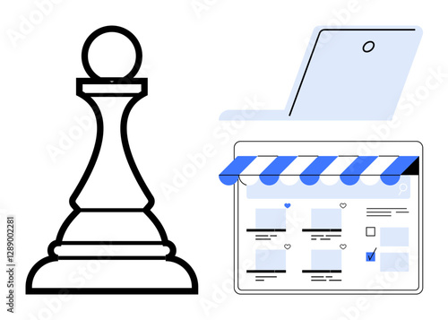 Large chess pawn next to an online storefront and a laptop representing e-commerce strategy. Ideal for business planning, digital marketing, strategic decisions, online shopping, competition
