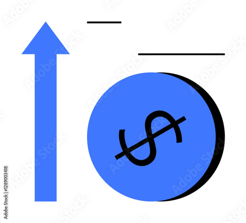 Arrow pointing upwards alongside a circle with a dollar sign, suggesting financial growth, success, and upward trends. Ideal for business growth, economic trends, financial success, market analysis