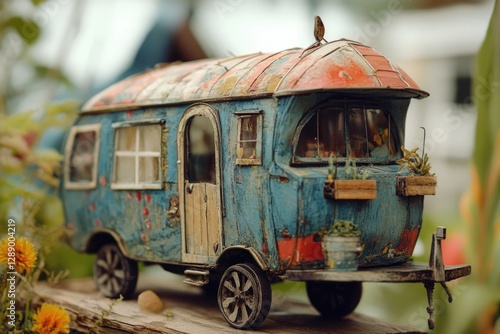 A small toy bus with a bird perched on its roof, suitable for illustrations and designs photo