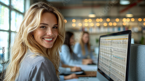 Professional woman smiling at office desk using spreadsheet software Free Download Professional woman smiling at office desk using spreadsheet software - GFXLoad