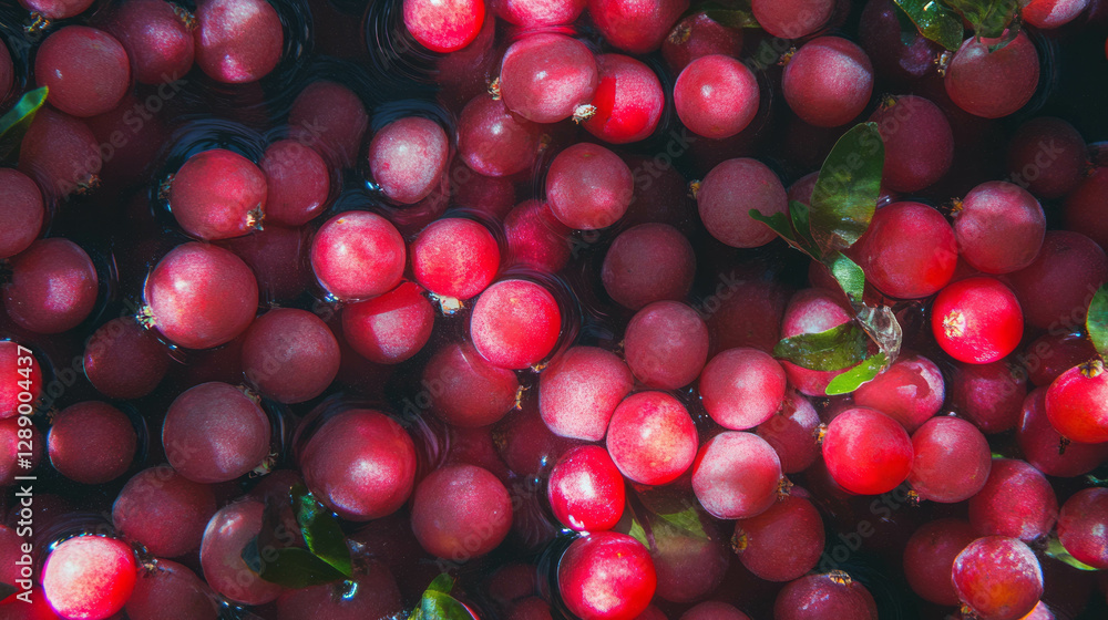 Drifting pink lingonberries with green leaves in water background Drifting pink lingonberries with green leaves in water background