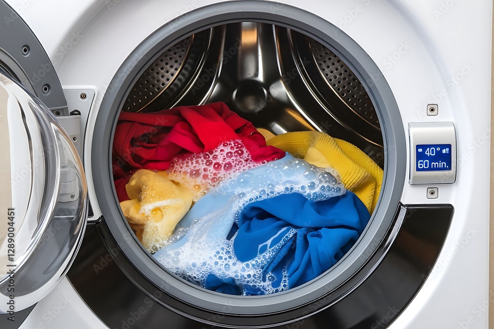 A Modern Washer Machine Filled with Colorful Clothes Undergoing a Wash Cycle. A Modern Washer Machine Filled with Colorful Clothes Undergoing a Wash Cycle.