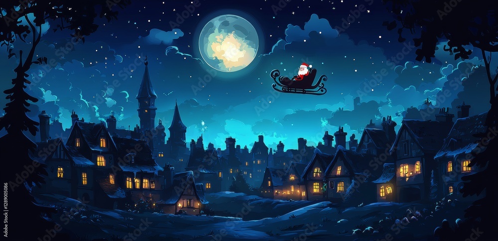 Naklejka premium A medieval town street lined with old buildings at night, featuring chalet-style houses and a Christmas tree in winter. Modern cartoon illustration
