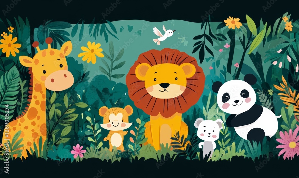 Naklejka premium A kid-friendly cartoon set featuring zoo animals such as pandas, giraffes, elephants, zebras, penguins, monkeys, parrots, and flamingos