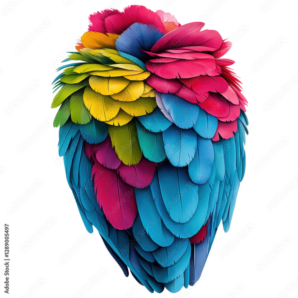 Brightly colored parrot feathers displaying a variety of vibrant hues and patterns on a natural background isolated on transparent background.. Brightly colored parrot feathers displaying a variety of vibrant hues and patterns on a natural background isolated on transparent background..
