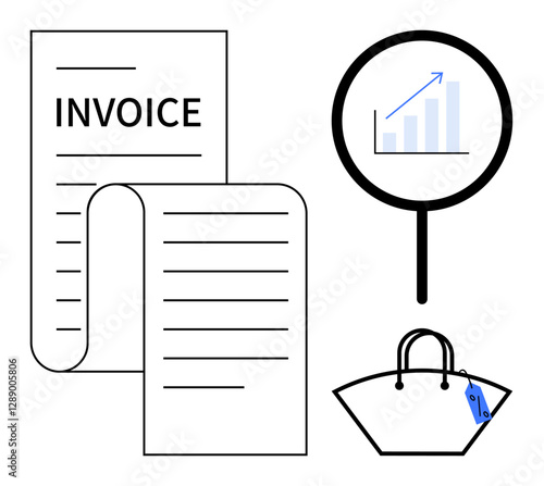 Invoice, magnifying glass with bar chart, and shopping bag with price tag. Ideal for finance, ecommerce, sales, retail, business management accounting and economic growth concepts. Abstract line