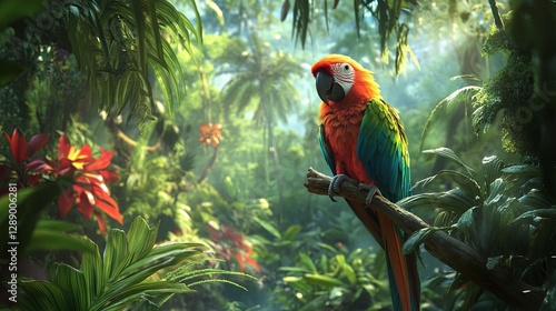Wallpaper Mural A brightly colored parrot perched on a branch in a lush rainforest digital Torontodigital.ca