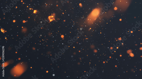 Abstract background of falling ash and glowing particles in dark smoky atmosphere