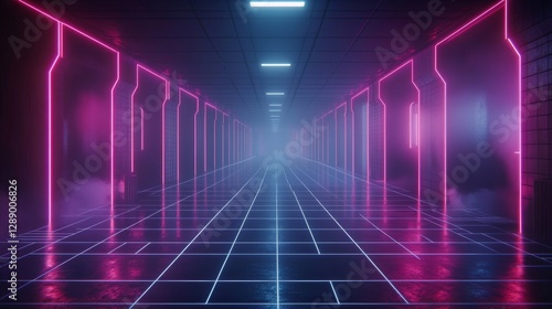 Wallpaper Mural A 3D abstract background in black and white, featuring a retrowave, retro 80s and 90s futuristic grey laser neon grid surface with a wireframe tunnel net in dark space, perfect for a black disco Torontodigital.ca