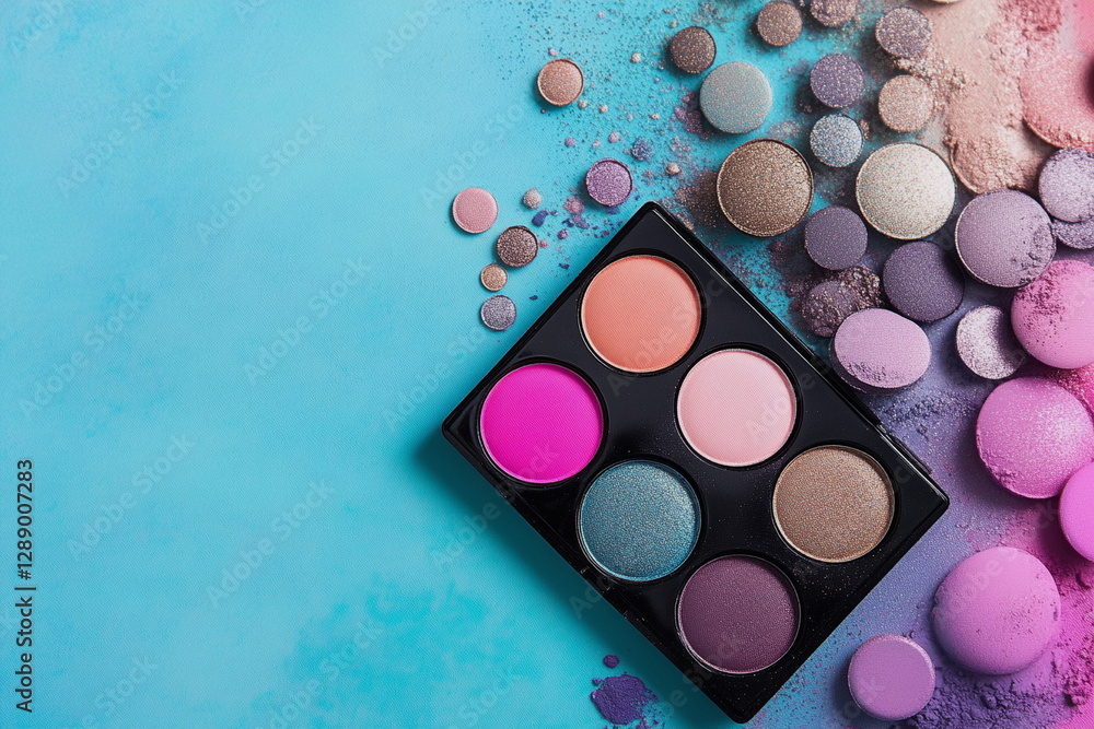 Top view of a professional makeup powder palette with multiple shades on a blue background. Beauty and skincare concept with elegant, modern aesthetics.
Top view of a professional makeup powder palette with multiple shades on a blue background. Beauty and skincare concept with elegant, modern aesthetics.